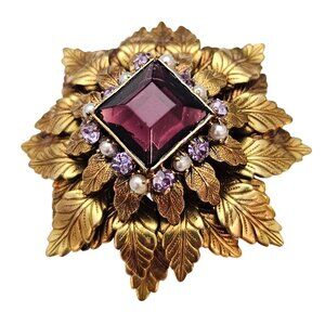 Gold Tone Layer Laurel Leaf Purple Rhinestone Domed Brooch Faux Pearl Pin C699